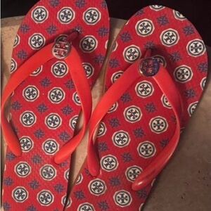 Tory Burch Orange and Red Patterned Flip Flops